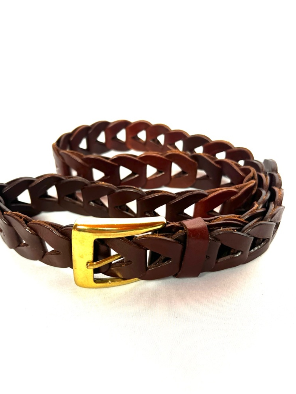 Braided Leather Belt Brown Gold Buckle Medium Large Classic Woven